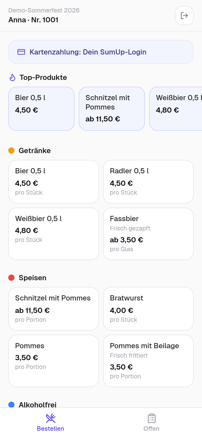 Bestellansicht mit Top-Produkten und Kategorien